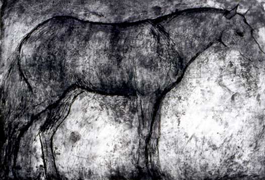 Title : ‘Shadow’   Medium  :  Drypoint and acid etch  on grey rag paper Size H 60cm w90cm